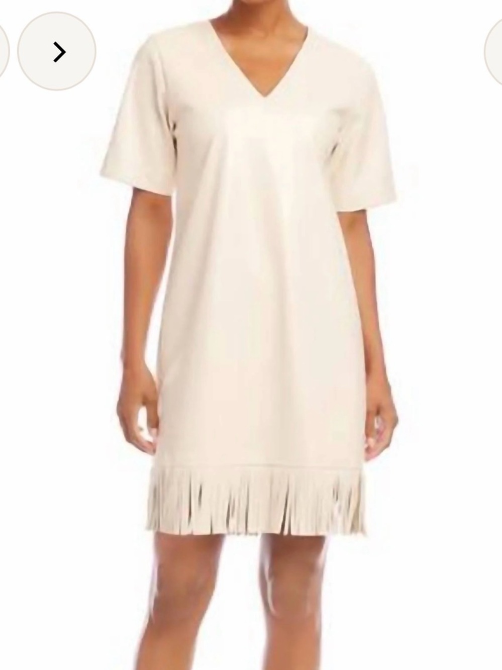 Karen Kane Darling‎ V-Neck Short Sleeve Fringe Hem Dress in Cream!